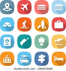 flat vector icon set - pointer vector, plane, airport building, dome house, tourist, passenger, suitcase, passport, baggage get, departure, hotel, transfer, signpost, bed
