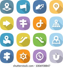 flat vector icon set - pointer vector, flag, up down arrow, dollar pin, right, singlepost, trip, map, escalator, signpost, handwheel, compass, electric magnet