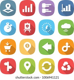 flat vector icon set - pointer vector, graph, diagram, stopwatch, presentation, lightning, cloud wireless, add to cart, dollar pin, left arrow, trip, signpost, geo, reload, recycling