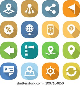 flat vector icon set - pointer vector, share, flag, percent, globe connect, phone wireless, dollar pin, left arrow, lighthouse, geo, location details, map, handwheel, reload