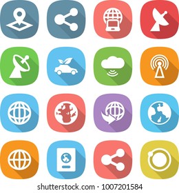 flat vector icon set - pointer vector, share, notebook globe, satellite antenna, eco car, cloud wireless, delivery, earth, passport, orbit