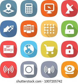 flat vector icon set - pointer vector, calculator, monitor arrow, satellite antenna, up down, server, chip, unlock, invoice, earth, cart, unlocked, wireless, ring button, web camera