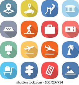 flat vector icon set - pointer vector, car, greate wall, airport building, taxi, tourist, suitcase, ticket, baggage get, departure, arrival, palm, trolley, signpost, inflatable mattress, landscape