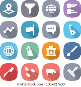 flat vector icon set - pointer vector, funnel, globe, diagram, graph, flag, message, gyroscooter, stands for knives, fireplace, big spoon, chef knife, seeds, pig, scraper