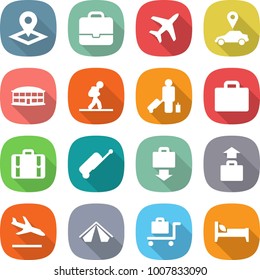 flat vector icon set - pointer vector, portfolio, plane, car, airport building, tourist, passenger, suitcase, baggage get, arrival, tent, trolley, bed