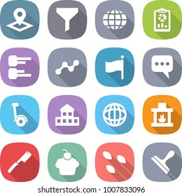 flat vector icon set - pointer vector, funnel, globe, report, diagram, graph, flag, message, gyroscooter, cottage, fireplace, chef knife, cupcake, seeds, scraper