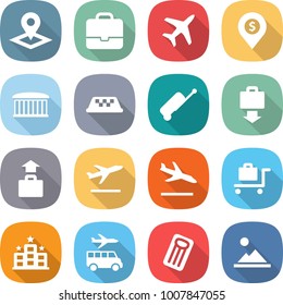 flat vector icon set - pointer vector, portfolio, plane, dollar pin, airport building, taxi, suitcase, baggage get, departure, arrival, trolley, hotel, transfer, inflatable mattress, landscape