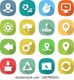 flat vector icon set - pointer vector, diagram, stopwatch, monitor arrow, around gear, cloud service, target, dollar pin, left, male sign, geo, package, recycle, browser window, reload