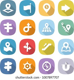 flat vector icon set - pointer vector, flag, dollar pin, right arrow, singlepost, trip, map, route, escalator, signpost, handwheel, compass, electric magnet