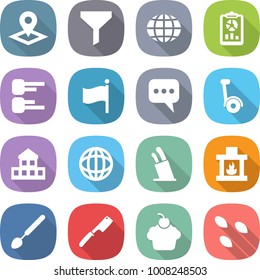 flat vector icon set - pointer vector, funnel, globe, report, diagram, flag, message, gyroscooter, cottage, stands for knives, fireplace, big spoon, chef knife, cupcake, seeds