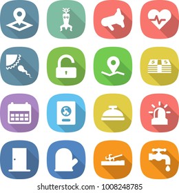 flat vector icon set - pointer vector, dna modify, megafon, heart pulse, sperm, unlock, geo pin, money, calendar, passport, service bell, alarm, door, cook glove, soil cutter, water tap