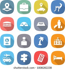 flat vector icon set - pointer vector, portfolio, car, greate wall, airport building, dome house, taxi, passenger, passport, baggage, palm, hotel, transfer, signpost, inflatable mattress, bed
