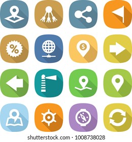 flat vector icon set - pointer vector, share, flag, percent, globe connect, dollar pin, right arrow, left, lighthouse, geo, map, handwheel, compass, reload