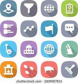 flat vector icon set - pointer vector, funnel, globe, report, diagram, graph, flag, message, gyroscooter, cottage, stands for knives, fireplace, seeds, pig, scraper