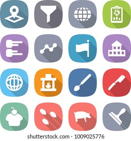 flat vector icon set - pointer vector, funnel, globe, report, diagram, graph, flag, cottage, fireplace, big spoon, chef knife, cupcake, seeds, pig, scraper