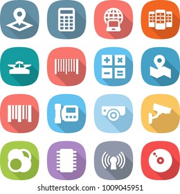flat vector icon set - pointer vector, calculator, notebook globe, server, scales, bar code, map, intercome, surveillance camera, atom core, chip, antenna, cd