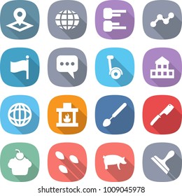 flat vector icon set - pointer vector, globe, diagram, graph, flag, message, gyroscooter, cottage, fireplace, big spoon, chef knife, cupcake, seeds, pig, scraper