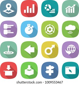 flat vector icon set - pointer vector, graph, diagram, stopwatch, around gear, cloud wireless, target, left arrow, male sign, delivery, package, signpost, browser window