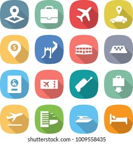 flat vector icon set - pointer vector, portfolio, plane, car, dollar pin, greate wall, airport building, taxi, passport, ticket, suitcase, baggage get, departure, hotel, yacht, bed