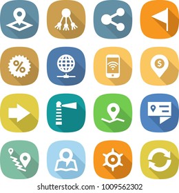 flat vector icon set - pointer vector, share, flag, percent, globe connect, phone wireless, dollar pin, right arrow, lighthouse, geo, location details, route, map, handwheel, reload