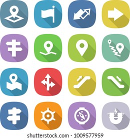 flat vector icon set - pointer vector, flag, up down arrow, right, singlepost, geo pin, route, map, escalator, signpost, handwheel, compass, electric magnet