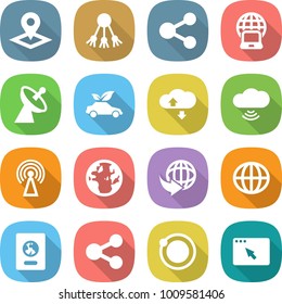 flat vector icon set - pointer vector, share, notebook globe, satellite antenna, eco car, cloud service, wireless, delivery, passport, orbit, browser window