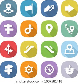 flat vector icon set - pointer vector, flag, up down arrow, right, singlepost, trip, geo pin, route, escalator, map, signpost, handwheel, compass, electric magnet