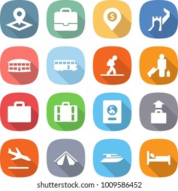 flat vector icon set - pointer vector, portfolio, dollar pin, greate wall, airport building, bus, tourist, passenger, suitcase, passport, baggage, arrival, tent, yacht, bed