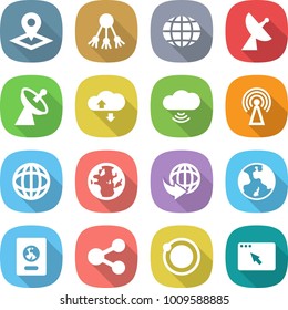 flat vector icon set - pointer vector, share, globe, satellite antenna, cloud service, wireless, delivery, earth, passport, orbit, browser window