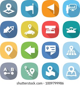 flat vector icon set - pointer vector, flag, presentation, up down arrow, car, market scales, dollar pin, left, location details, map, route a to b