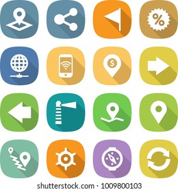 flat vector icon set - pointer vector, share, flag, percent, globe connect, phone wireless, dollar pin, right arrow, left, lighthouse, geo, route, handwheel, compass, reload