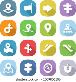 flat vector icon set - pointer vector, flag, right arrow, singlepost, trip, geo pin, map, route, escalator, signpost, compass, electric magnet
