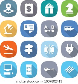 flat vector icon set - pointer vector, receipt, gift, chess horse, table lamp, location details, route a to b, train, arrival, signpost, magnetic field, plug, computer, pasta, blower, clothespin