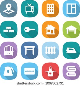 flat vector icon set - pointer vector, tv, building, window, block wall, key, home, garage, dresser, stool, radiator, iron, kettle, welcome mat, apron, towel