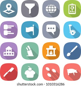 flat vector icon set - pointer vector, funnel, globe, report, diagram, flag, message, gyro scooter, cottage, stands for knives, fireplace, big spoon, chef knife, cupcake, seeds, pig
