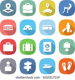 flat vector icon set - pointer vector, portfolio, car, greate wall, airport building, dome house, bus, passenger, suitcase, passport, baggage get, signpost, yacht, flip flops
