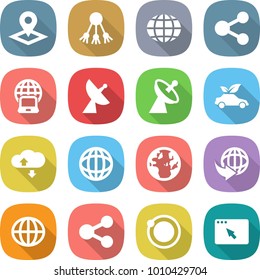 flat vector icon set - pointer vector, share, globe, notebook, satellite antenna, eco car, cloud service, delivery, orbit, browser window