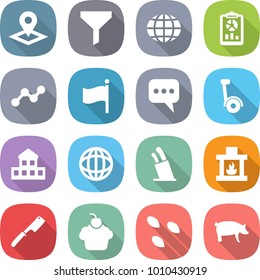 flat vector icon set - pointer vector, funnel, globe, report, graph, flag, message, gyroscooter, cottage, stands for knives, fireplace, chef knife, cupcake, seeds, pig