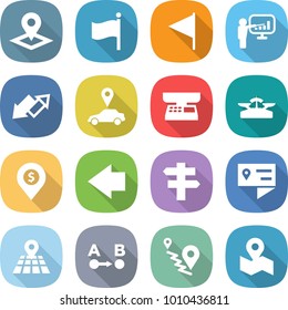 flat vector icon set - pointer vector, flag, presentation, up down arrow, car, market scales, dollar pin, left, singlepost, location details, map, route a to b