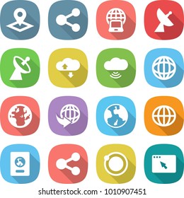 flat vector icon set - pointer vector, share, notebook globe, satellite antenna, cloud service, wireless, delivery, earth, passport, orbit, browser window