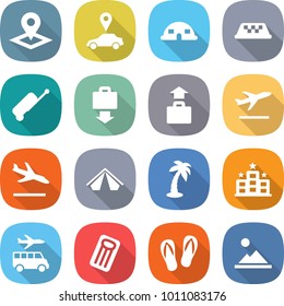 flat vector icon set - pointer vector, car, dome house, taxi, suitcase, baggage get, departure, arrival, tent, palm, hotel, transfer, inflatable mattress, flip flops, landscape