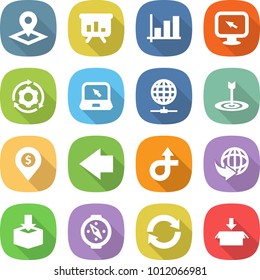 flat vector icon set - pointer vector, presentation, graph, monitor arrow, around gear, notebook, globe connect, target, dollar pin, left, trip, delivery, package, compass, reload