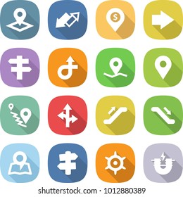 flat vector icon set - pointer vector, up down arrow, dollar pin, right, singlepost, trip, geo, route, escalator, map, signpost, handwheel, electric magnet