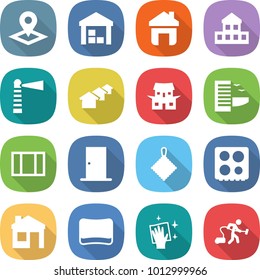 flat vector icon set - pointer vector, warehouse, home, cottage, lighthouse, houses, japanese house, hotel, window, door, rag, hob, sponge, wiping, vacuum cleaner