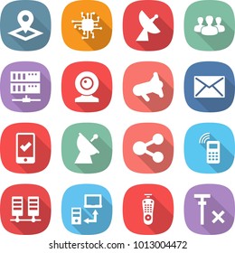 flat vector icon set - pointer vector, chip, satellite antenna, group, server, web cam, megafon, mail, mobile checking, share, phone, data transfer, remote control, no signal