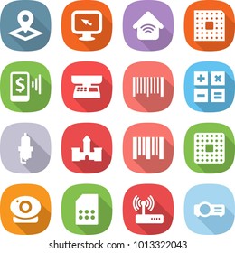 flat vector icon set - pointer vector, monitor arrow, wireless home, cpu, mobile pay, market scales, bar code, calculator, spark plug, castle, web camera, sim card, router, projector