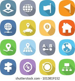 flat vector icon set - pointer vector, globe, flag, connect, car, dollar pin, home, geo, map, route a to b, earth, signpost, compass, orbit, hierarchy