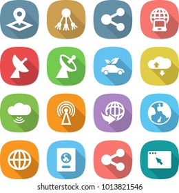 flat vector icon set - pointer vector, share, notebook globe, satellite antenna, eco car, cloud service, wireless, delivery, earth, passport, browser window