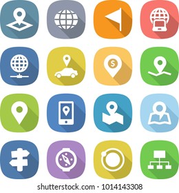 flat vector icon set - pointer vector, globe, flag, notebook, connect, car, dollar pin, geo, mobile location, map, signpost, compass, orbit, hierarchy