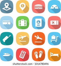 flat vector icon set - pointer vector, dollar pin, airport building, dome house, bus, suitcase, passport, ticket, departure, arrival, baggage trolley, yacht, inflatable mattress, flip flops, bed